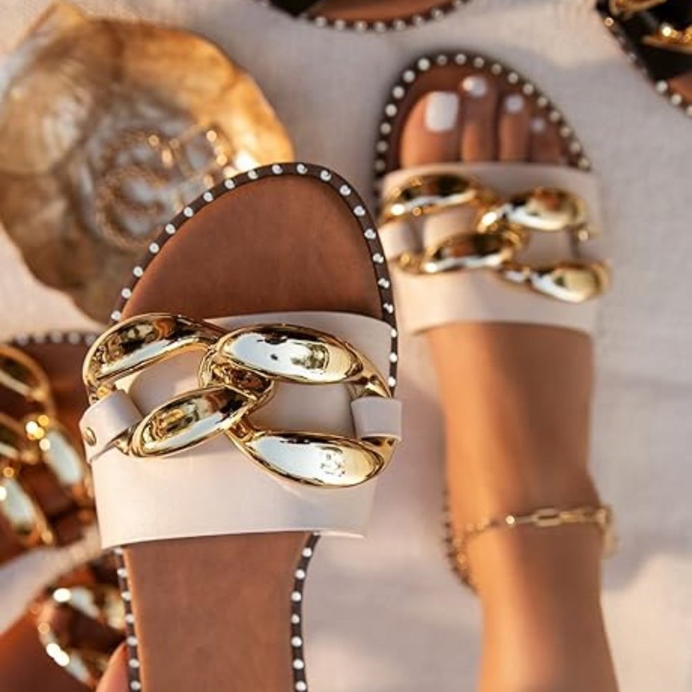 Women's leather flat metallic slippers